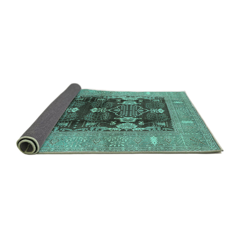 Tapis oriental en laine / polyester tissé à la machine en turquoise / noir, Carré 5 pi