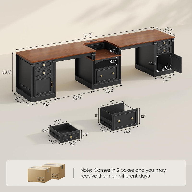 Bureau double 2 places 110 po avec tiroirs et armoire, avec prises électriques et espace pour imprimante, long bureau pour deux personnes, noir et brun