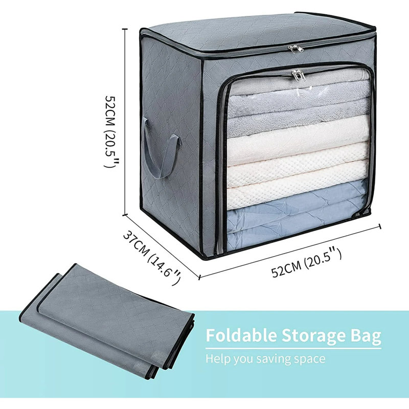 Organisateurs de placard pliables pour chambre à coucher, couvertures, literie, sacs de rangement avec poignée renforcée, fermeture à glissière robuste et fenêtre transparente, grande capacité de 100 L
