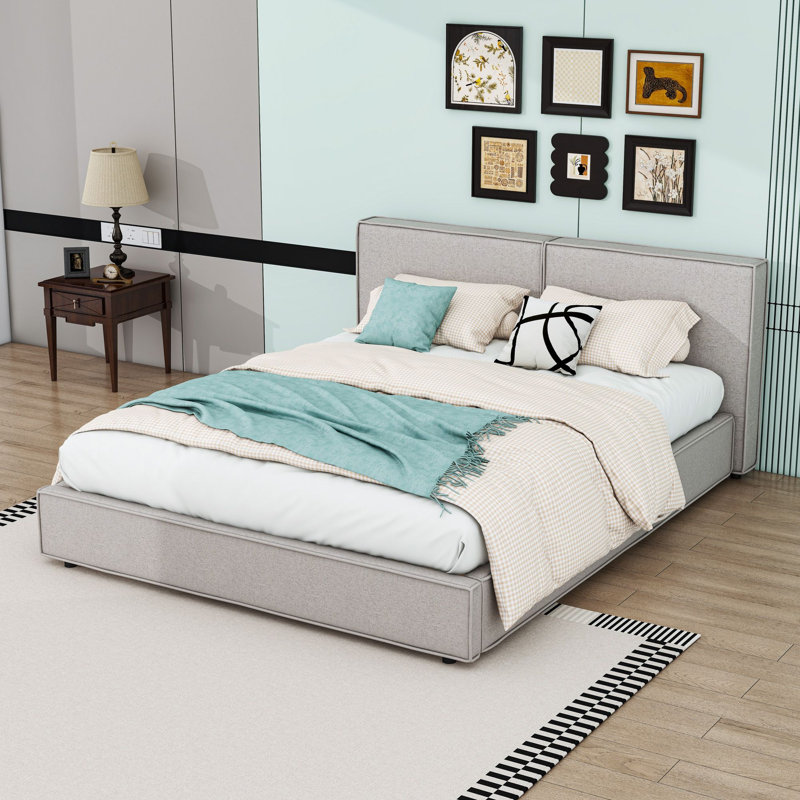 Grand lit plateforme tapissier en lin avec tête de lit, Beige