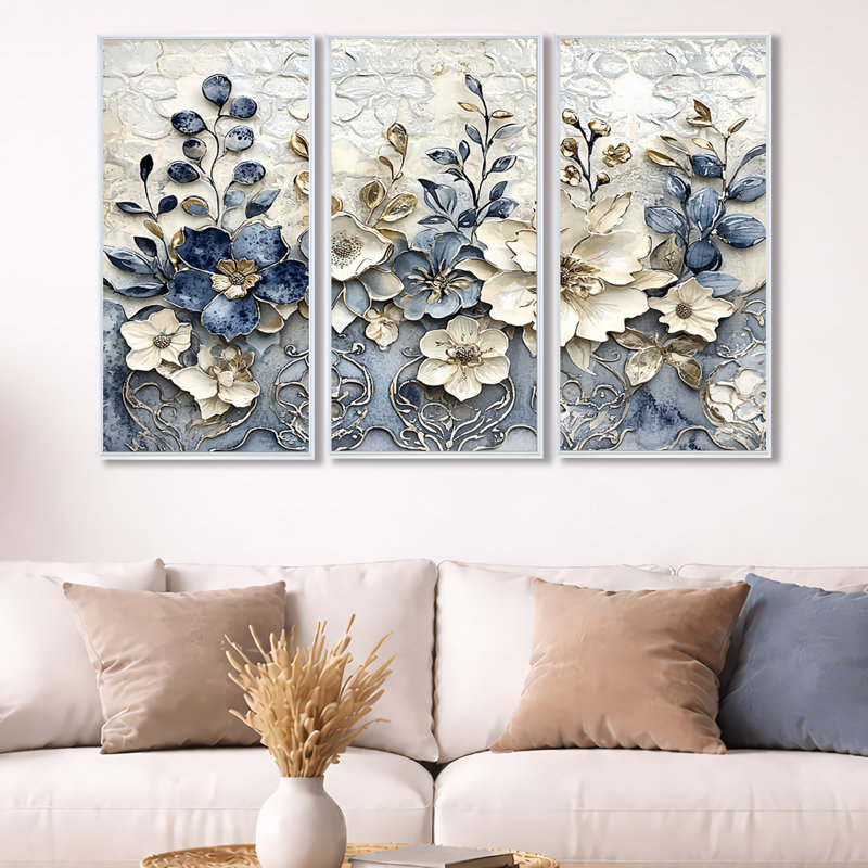 «White and Blue Floral Abstract Tiles II», ensemble d'art mural fleurs, H 28 po x l 36 po x P 1 po