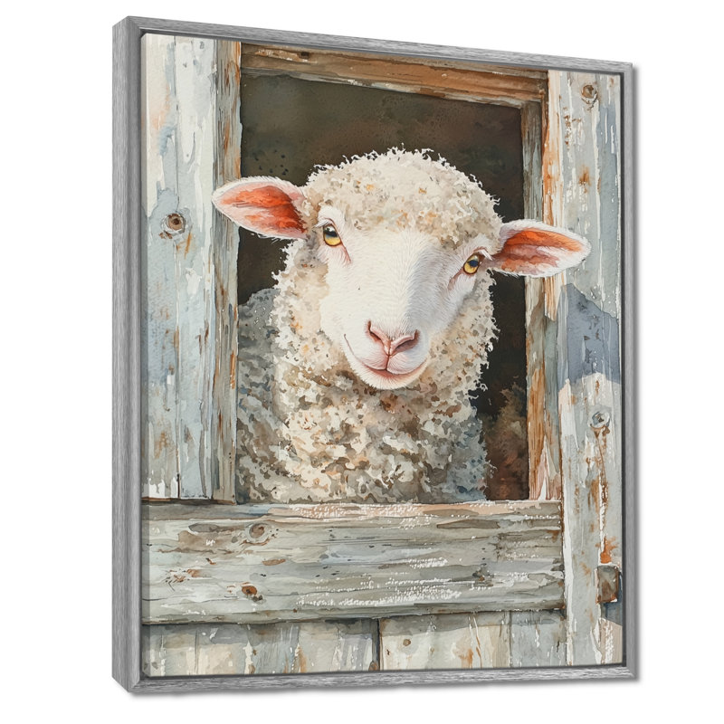 «Doralynn Cute Sheep Portrait At The Farm - Sheep», reproduction sur toile, Argent argent, Impression encadrée flottante