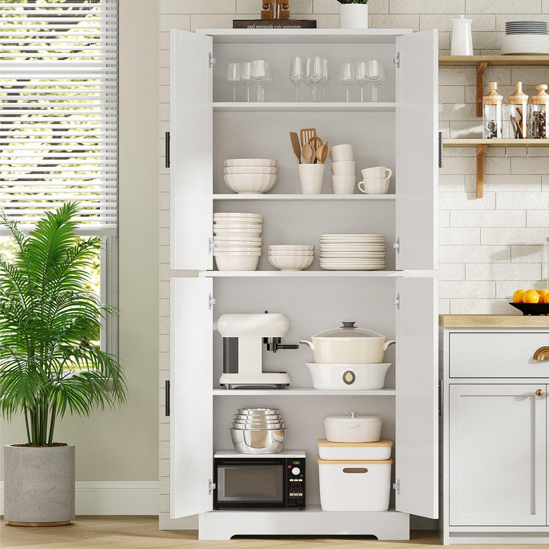 70-Inch Tall Freestanding Pantry Cabinet with Doors and Adjustable Shelves in White - Storage Unit for Kitchen, Bathroom, Dining Room or Living Room