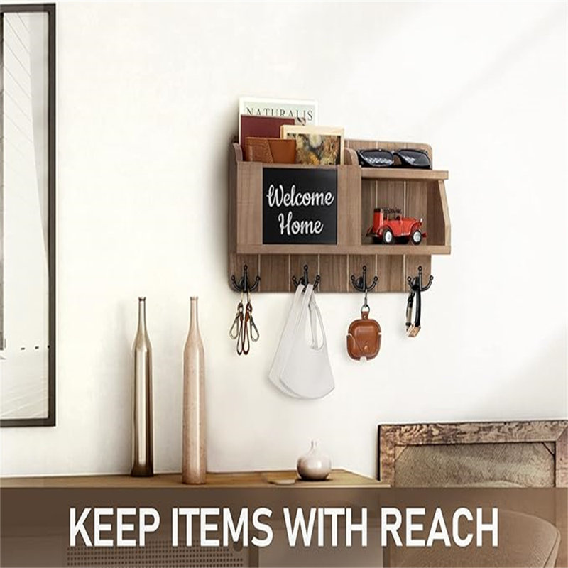 Vintage Brown Wooden Key and Mail Holder with Chalkboard and Hooks