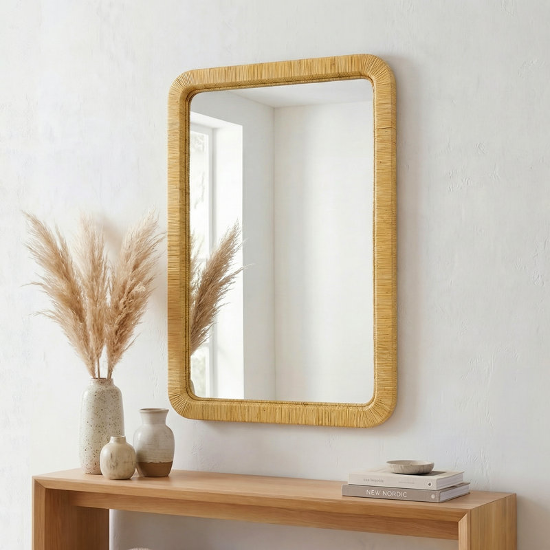 Nirvelli Natural Rattan Accent Wall Mirror with D-Ring Hangers, H 39 po x l 26 po, Rectangulaire