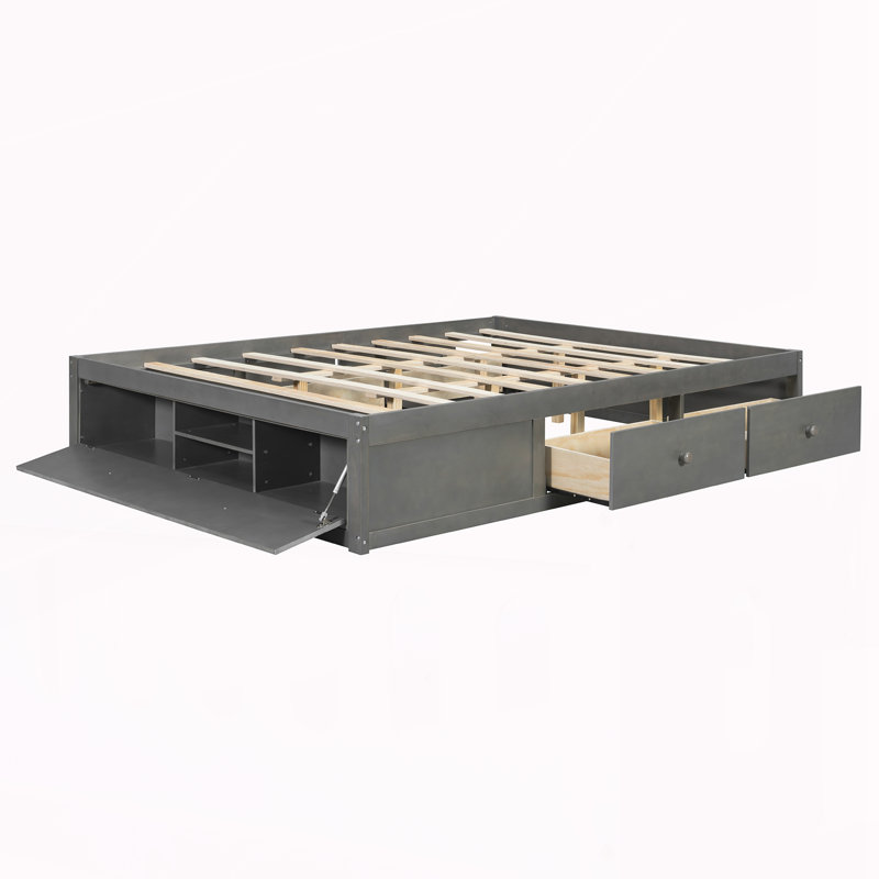 Structure de grand lit plateforme avec 4 tiroirs de rangement, Gris
