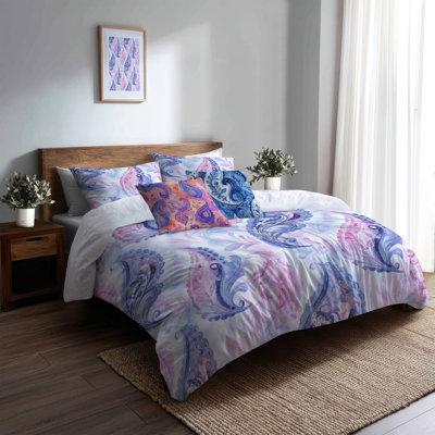 Modern Bedding Set Of 5 - Purple Paisley Harmony Duvet Cover And Throw Pillow Set