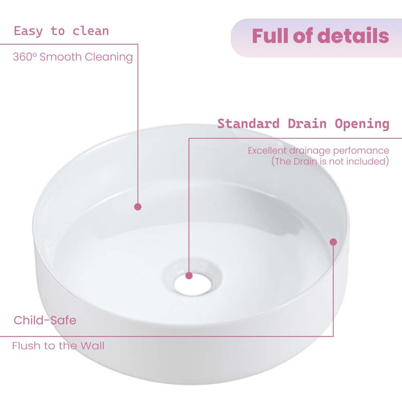 16 Inch Round Drop-In Bathroom Sink, White Glossy Ceramic Vanity Sink, Modern for Bathroom Vanity, Easy to Clean