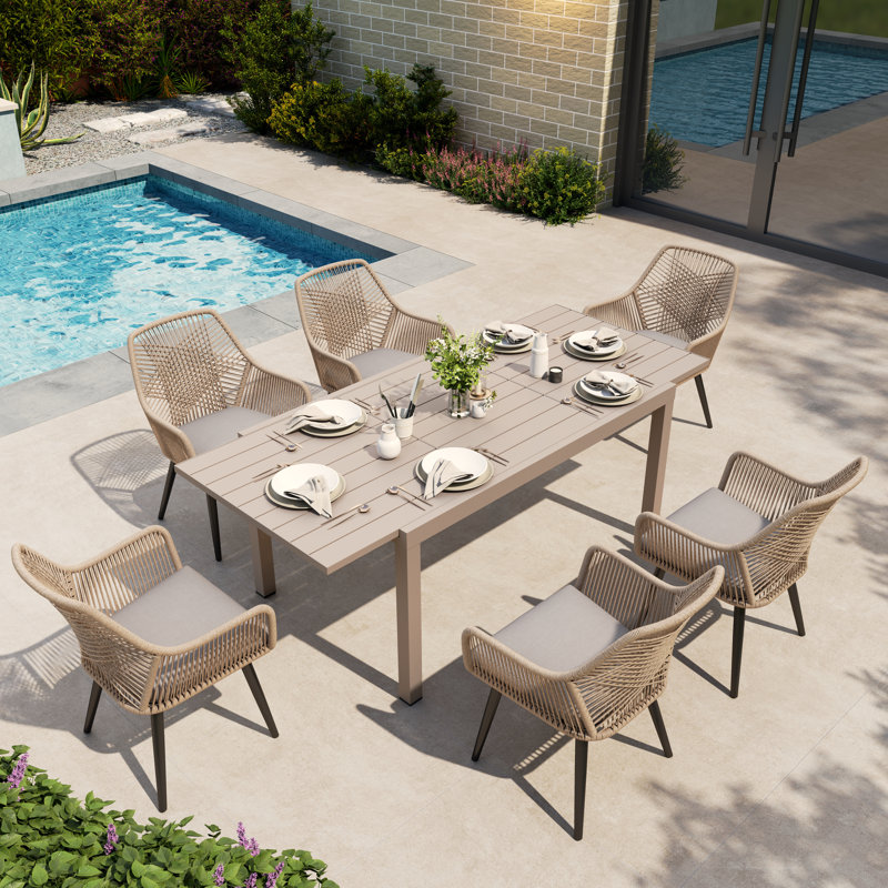 Ensemble repas extérieur pour 6 personnes avec coussins, Blond