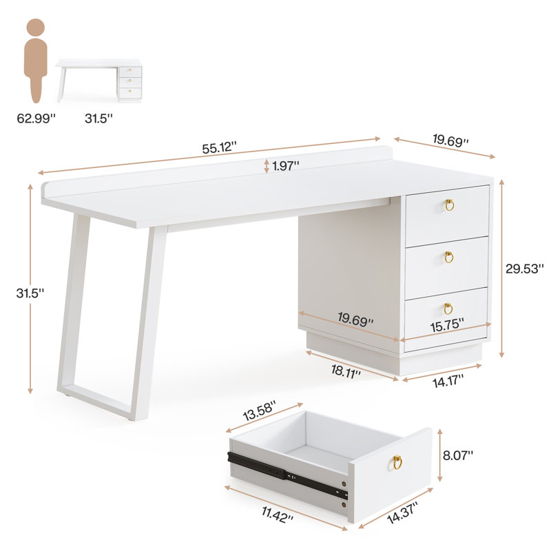 55" Computer Desk, Modern Home Office Desk with 3 Drawers, White