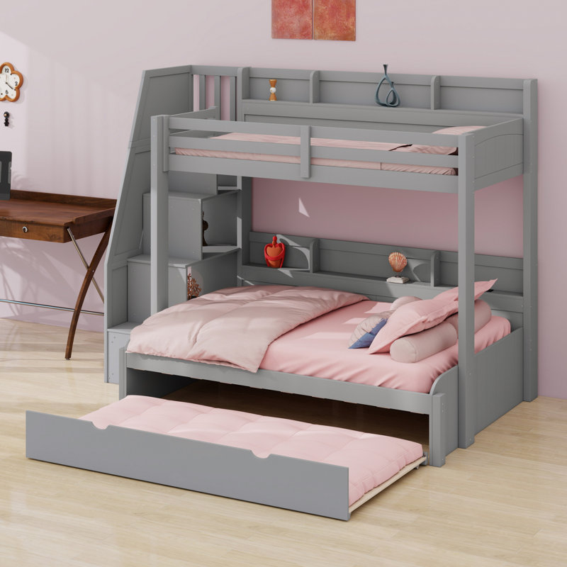 Lit superposé avec escalier de rangement, lit gigogne, tablettes de rangement, DEL et USB, Gris