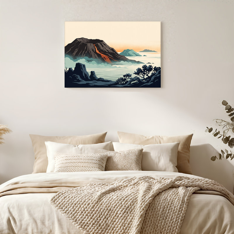 Art mural rétro sur toile volcanique avec coulée de lave orange, 32"H x 48"W