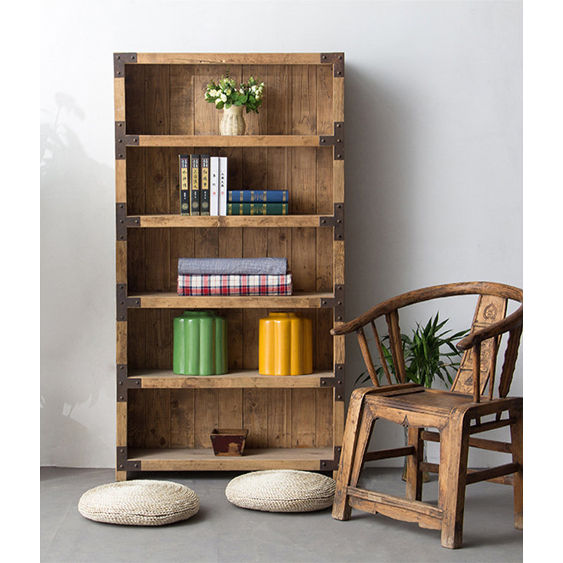 Bibliothèque ouverte rustique en bois récupéré avec rivets en métal, (5 tablettes) H 73,62 po x l 31,5 po x P 11,81 po