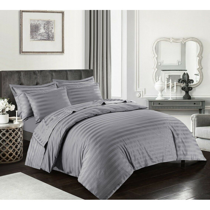 Byrde Satin Striped Duvet Cover Set with Pillowcases, Double - 2 Standard Pillowcases, Grey