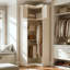 Armoire de coin en L de 258 cm de hauteur avec étagères, tringle et éclairage, blanche