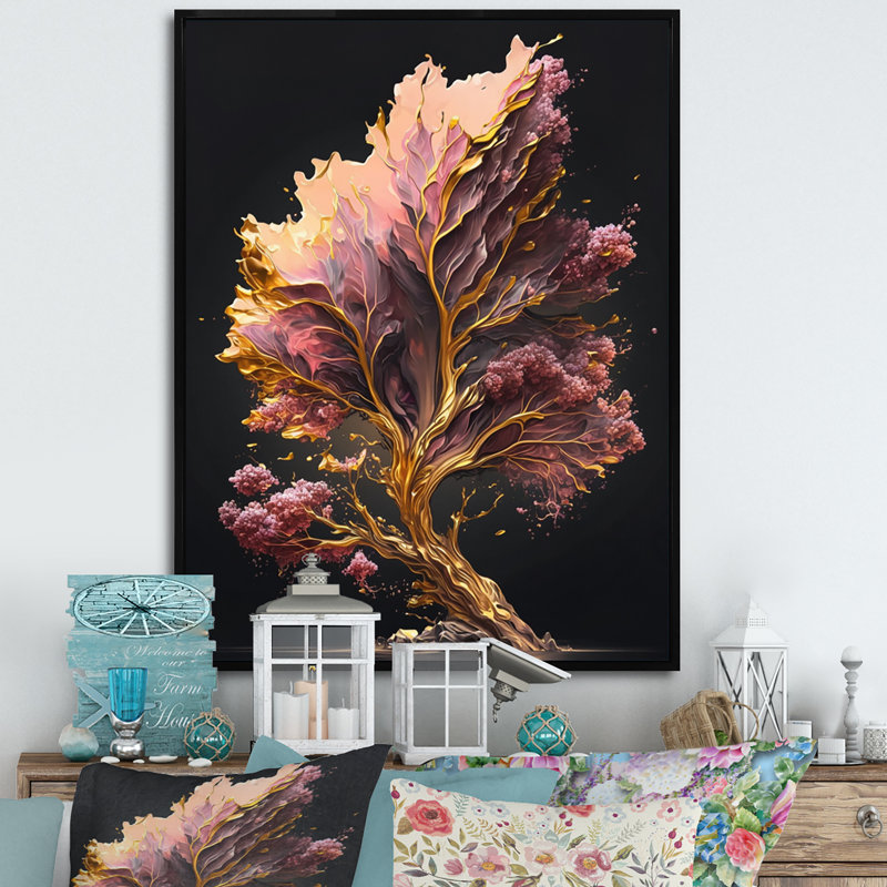 Abstrait rose et feuilles d'or II - reproduction sur toile, H 40 po x l 30 po x P 1,5 po, Toile avec cadre flottant noir