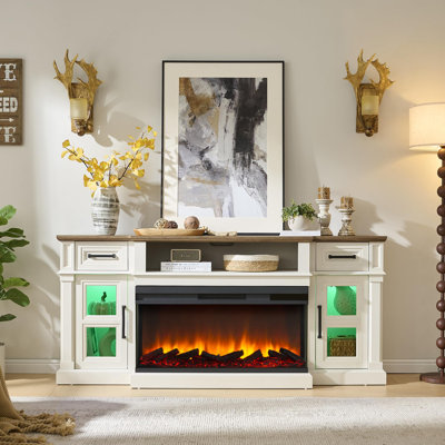 3-Side Fireplace TV Stand (Fits 80 Inch Tvs) – 36 Inch Electric Fireplace, Farmhouse LED Center With Drawers & Cabinets,Antique White