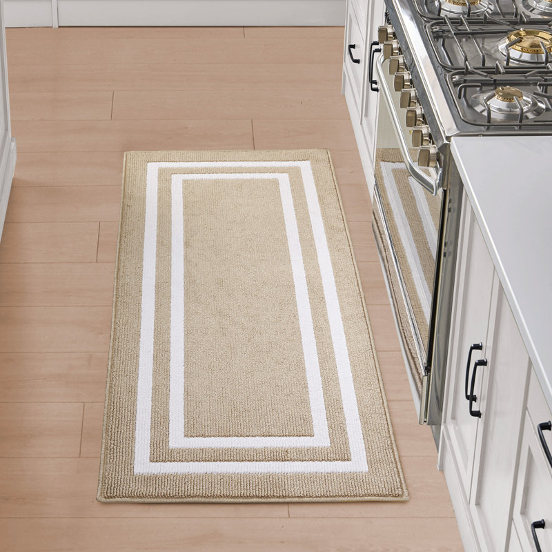 Double Border Machine Tufted Performance Beige/White Rug, Runner 2'2" x 6'
