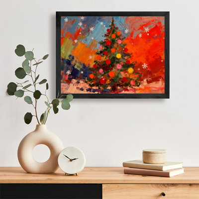 Peinture à l'huile encadrée noire, arbre de Noël coloré, impressions de style rétro