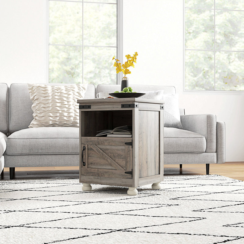 HOMCOM Small Side Table With Storage, Farmhouse End Table With Open Shelf And Cupboard, Modern Sofa Table With Wood Legs For Living Room, Gray