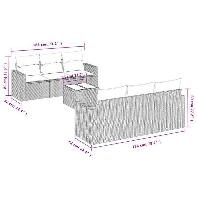 Ensemble de canapé de jardin en rotin PE beige, acier thermolaqué Vidaxl, verre trempé