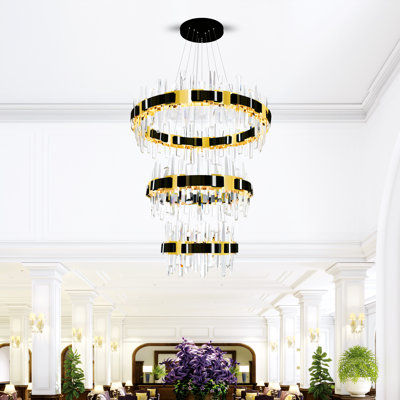 Lustre 32 pouces à 3 anneaux noir perlé à hauteur réglable avec luminaire suspendu intégré à DEL pour les espaces de salle à manger ou de vestibule modernes