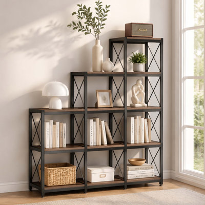 9-Cube Stair-Step Etagere Bookcase, Rustic Wood Grain Board with X-Brace Black Metal Frame Freestanding Asymmetrical Open Storage Shelf for Apartment Dorm Home Office