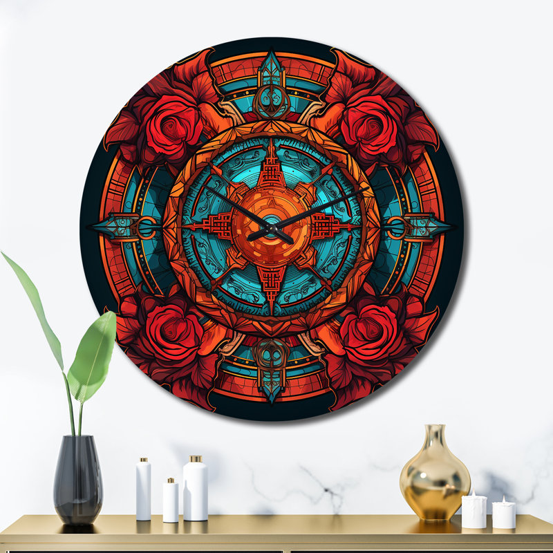 Horloge murale rétro en métal mandala floral rouge et turquoise, Très grand