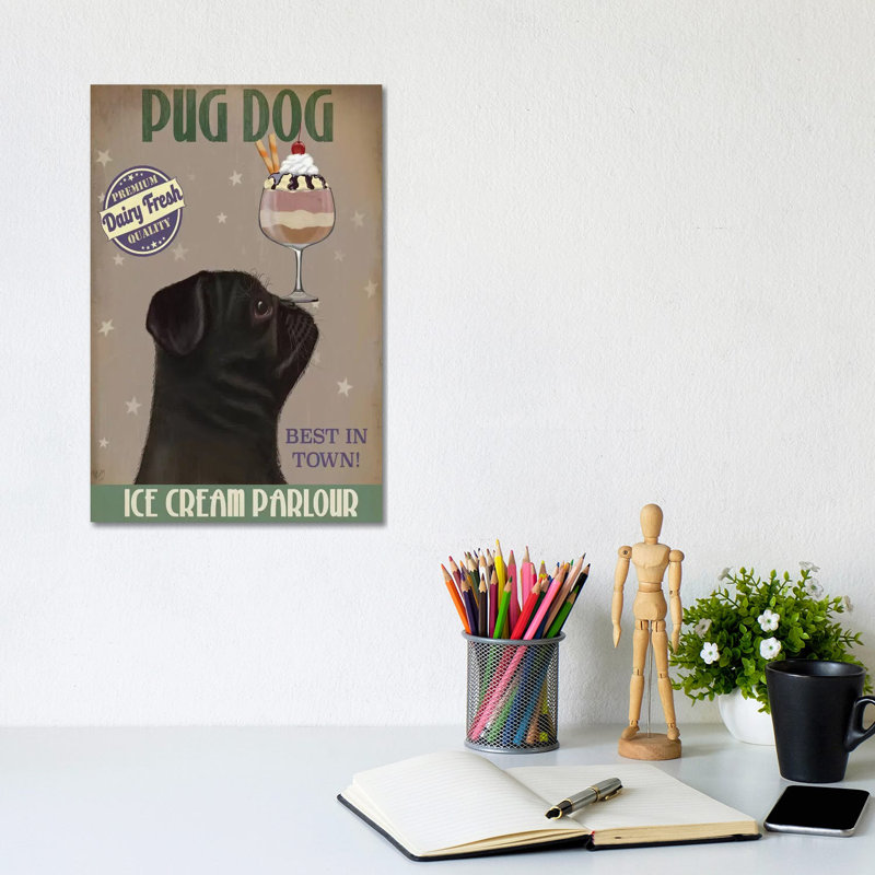 Pug, Black, Ice Cream by Fab Funky - Wrapped Canvas Print, 20.32 cm H x 30.48 cm W