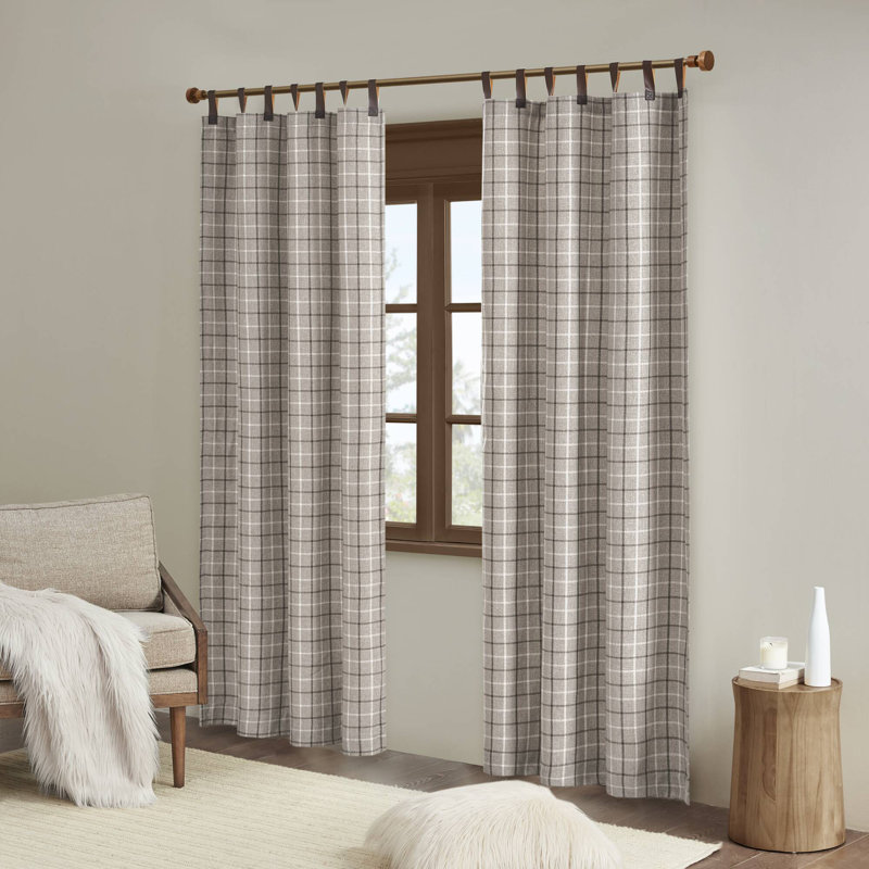 Anaheim Plaid Faux Leather Tab Top Single Curtain Panel with Fleece Lining, Brown, 50" W x 95" L
