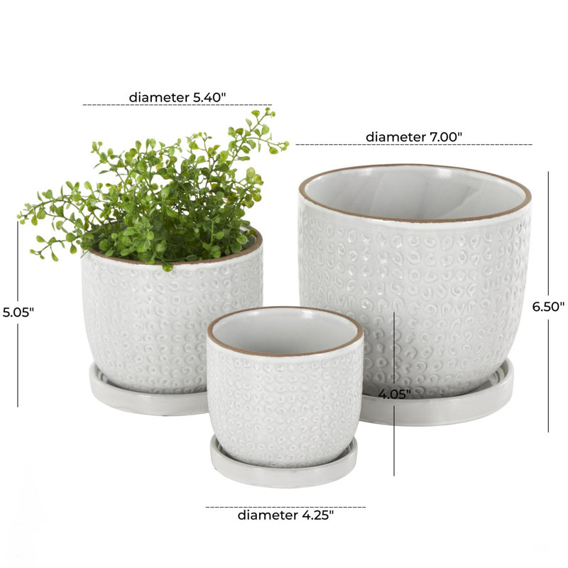 Cole And Grey 3 Piece Ceramic Abstract Circle Patterned Planter With Brown Accents And Base Tray Set