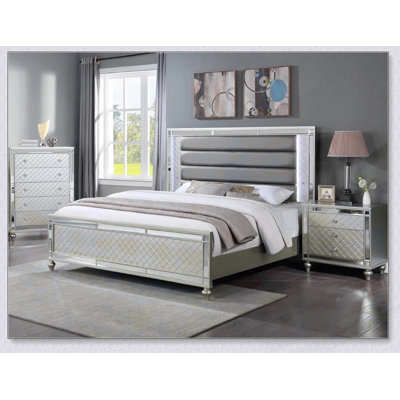 Modern Glam Style Champagne Finish Queen Size Panel Bed with White & Blue LED Light Mirror