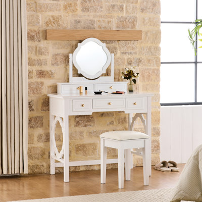 White Makeup Vanity And Stool With Reversible Mirror, Elegant Golden Handles, 5 Drawers Of Different Depths, Comfortable Sizes, Seating