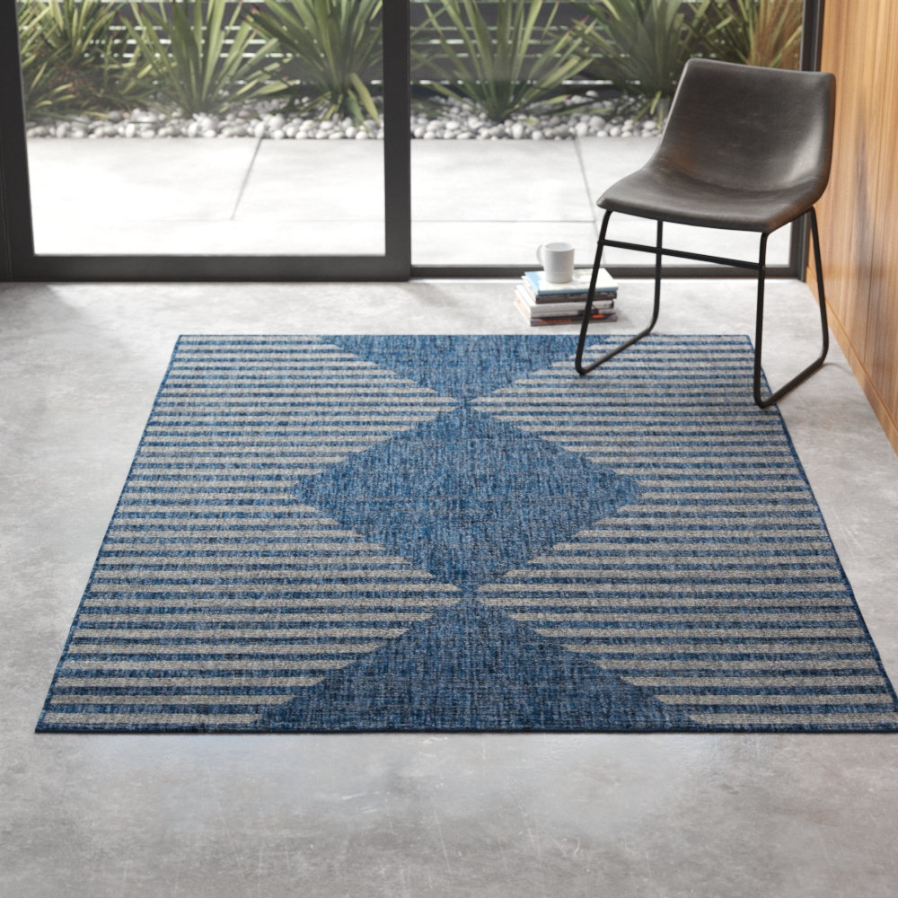 Blue Geometric Outdoor Rug, Rectangle 6'7" x 9'6"
