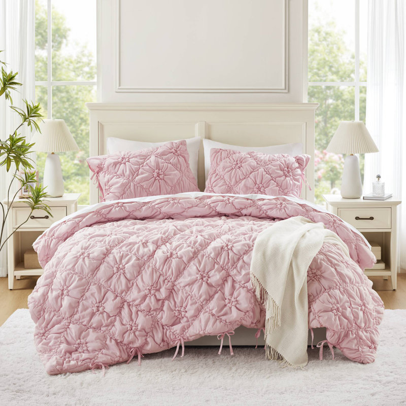 Ensemble d'édredon 3 pièces Lily, Édredon double + 2 taies décoratives standards, Rose