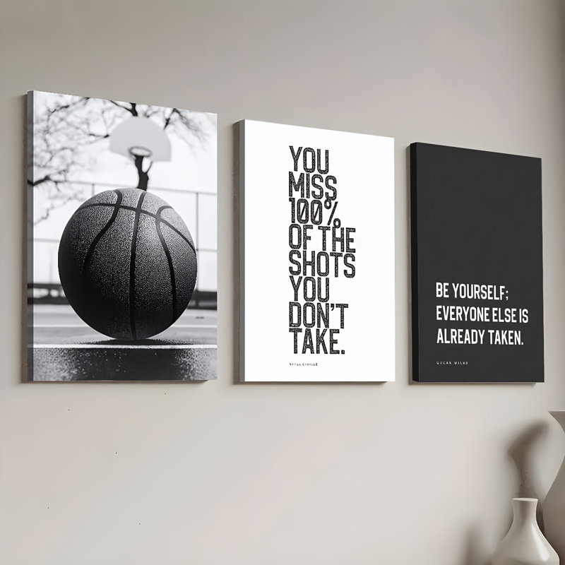 Impression sur toile 3 pièces noir et blanc Basketball, 18 x 12 pouces 3 pièces