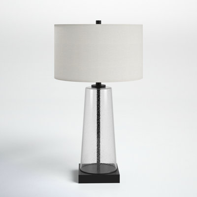 Dax 27.5" Tall Table Lamp with Fabric Shade in Seeded Glass/Blackened Bronze/White