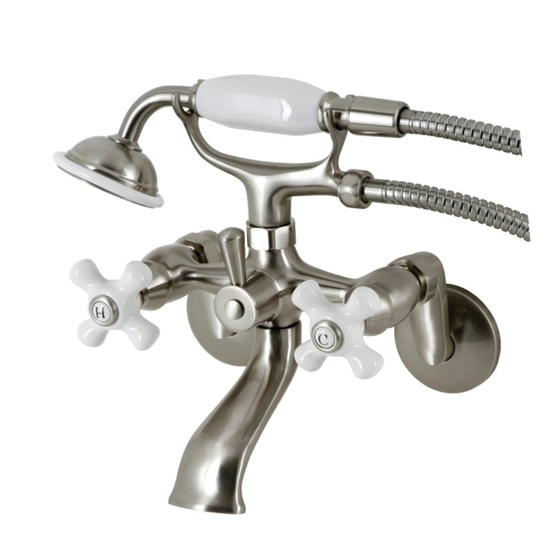 Kingston Brass Kingston Three-Handle 2-Hole Wall Mount Clawfoot Tub Faucet with Hand Shower, Brushed Nickel