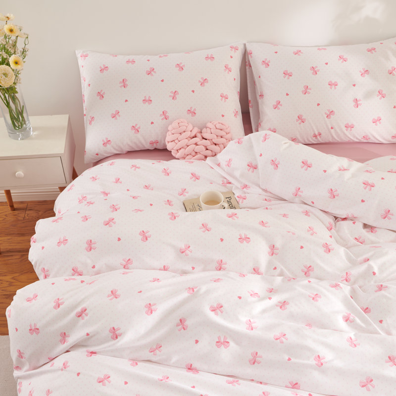 Nayoroom Cartoon Pink Bowknot Pattern On White Duvet Cover Set Teens Gentle Soft Home Cozy And Breathable Bedding Set
