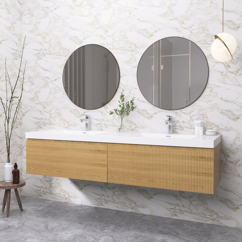 Meuble-lavabo moderne à rayures avec lavabo double, 71"