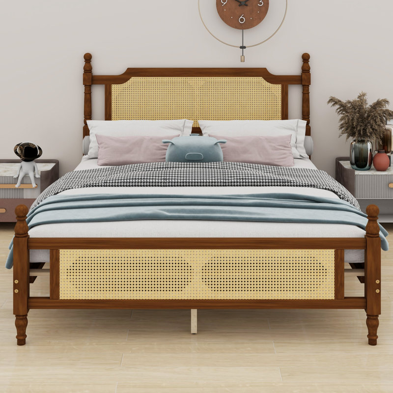Base de lit en bois avec tête de lit en rotin, Grand, Noyer