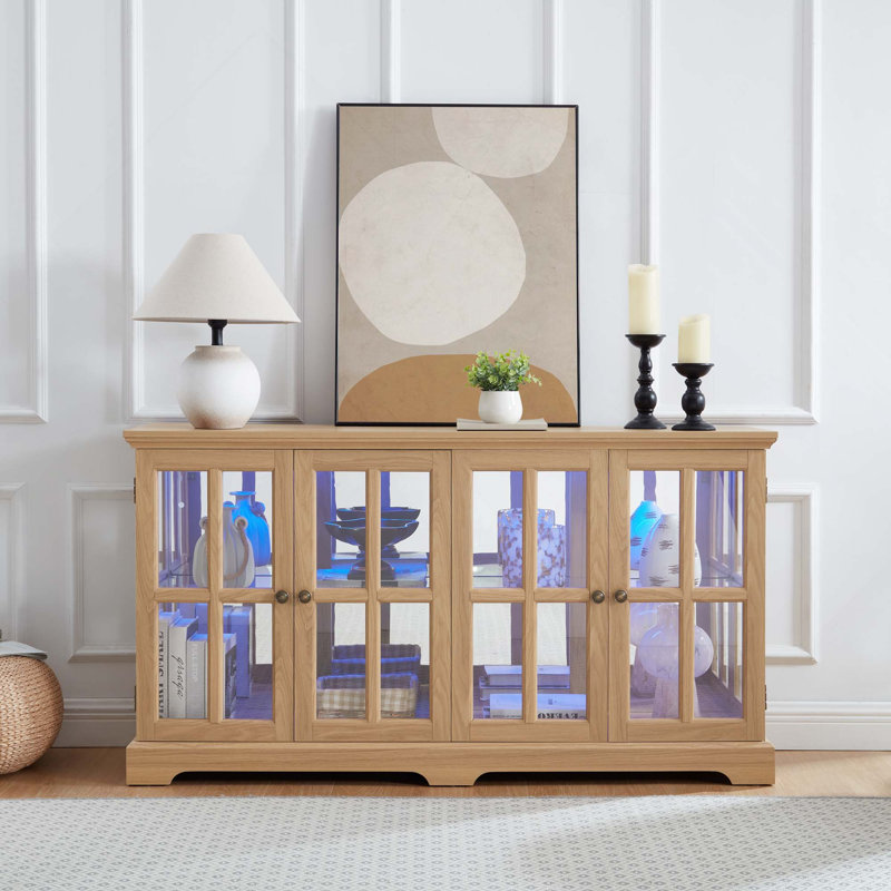 LED Curio Display Cabinet Antique Display Cabinet with Glass Doors Adjustable Shelves, Oak