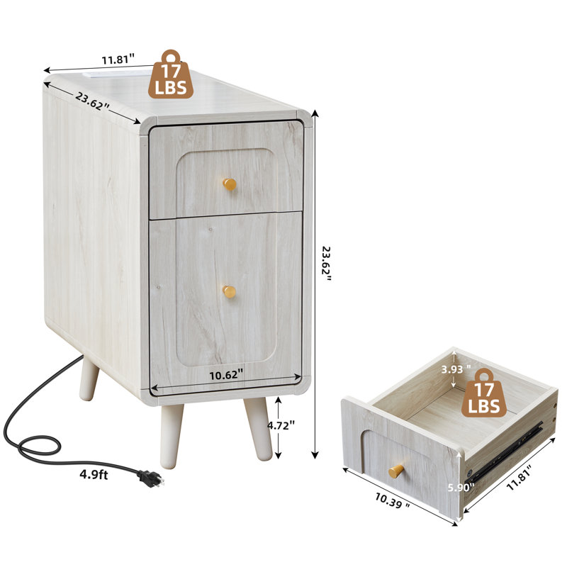 Narrow End Table With Charging Station, White