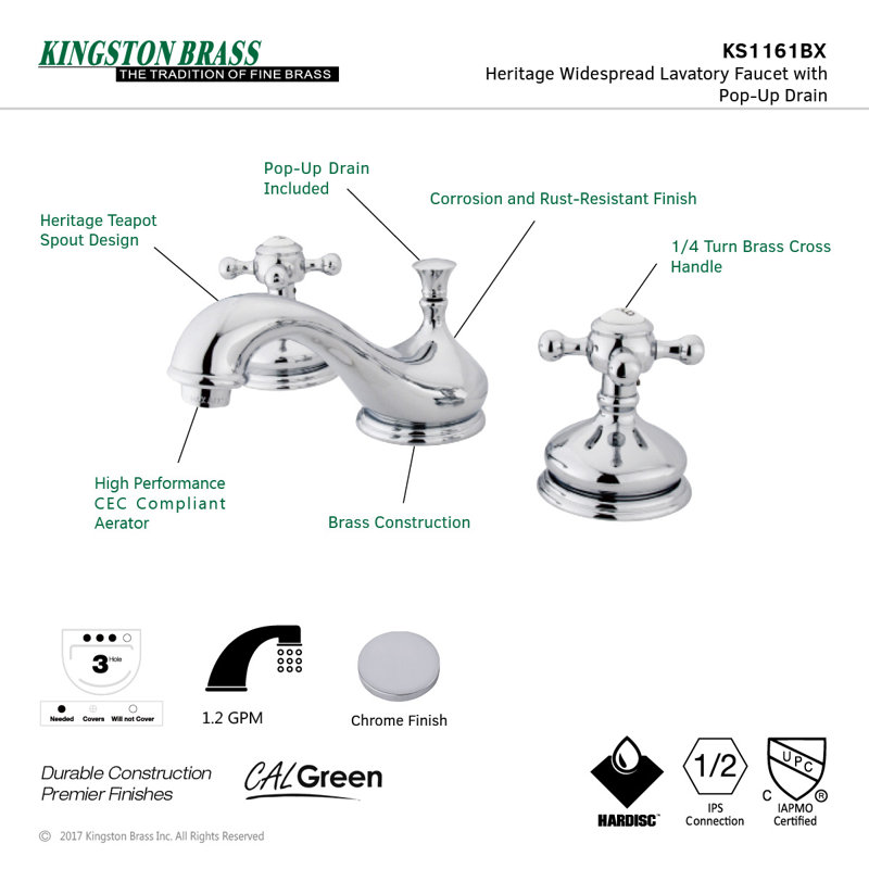 Kingston Brass Vintage Two-Handle 3-Hole Deck Mount Widespread Bathroom Faucet with Brass Pop-Up Drain, Brushed Nickel