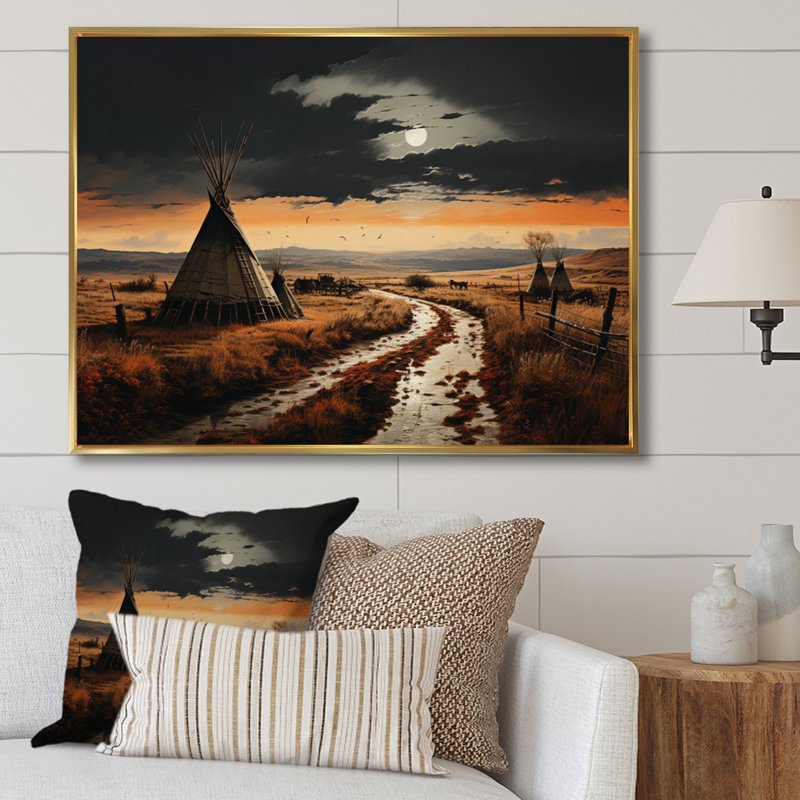 Native Tipi Legacy Of The Plains II - Native American Wall Art Living Room, Cadre flottant doré, H 34 po x l 44 po x P 1,5 po