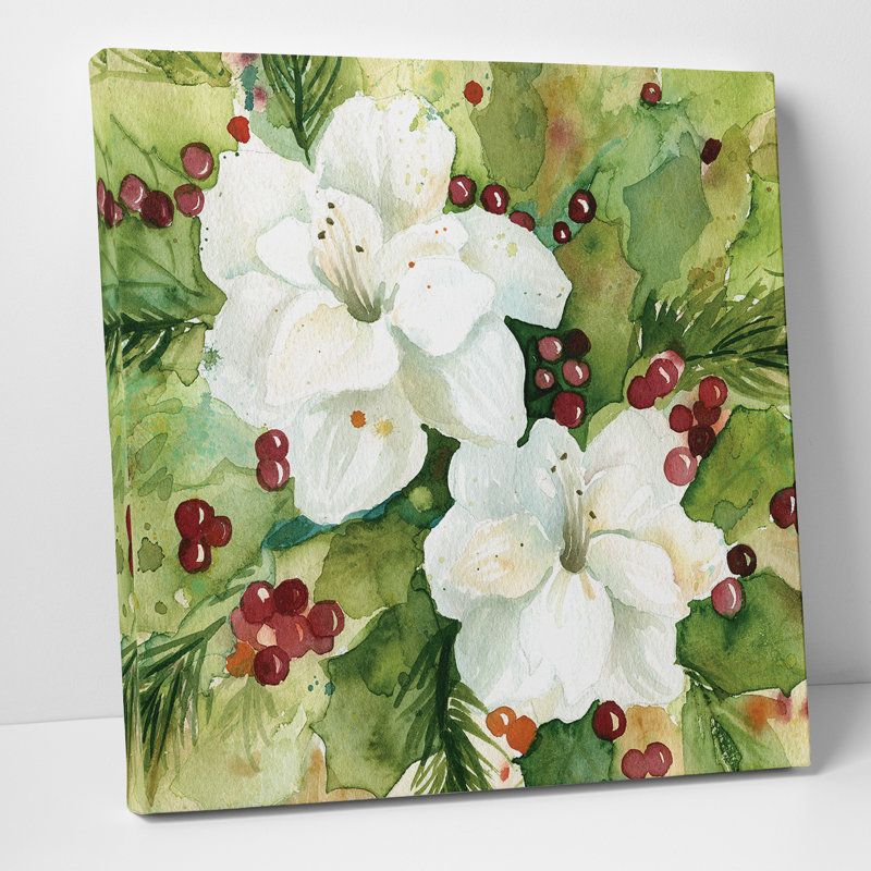 Watercolor Holly Christmas Canvas Print, 24" x 24"