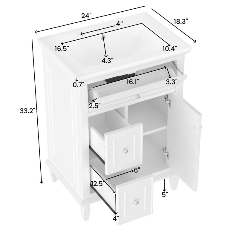 Ensemble de meuble-lavabo simple 24 "avec plateau en céramique, Blanc, Argent argent