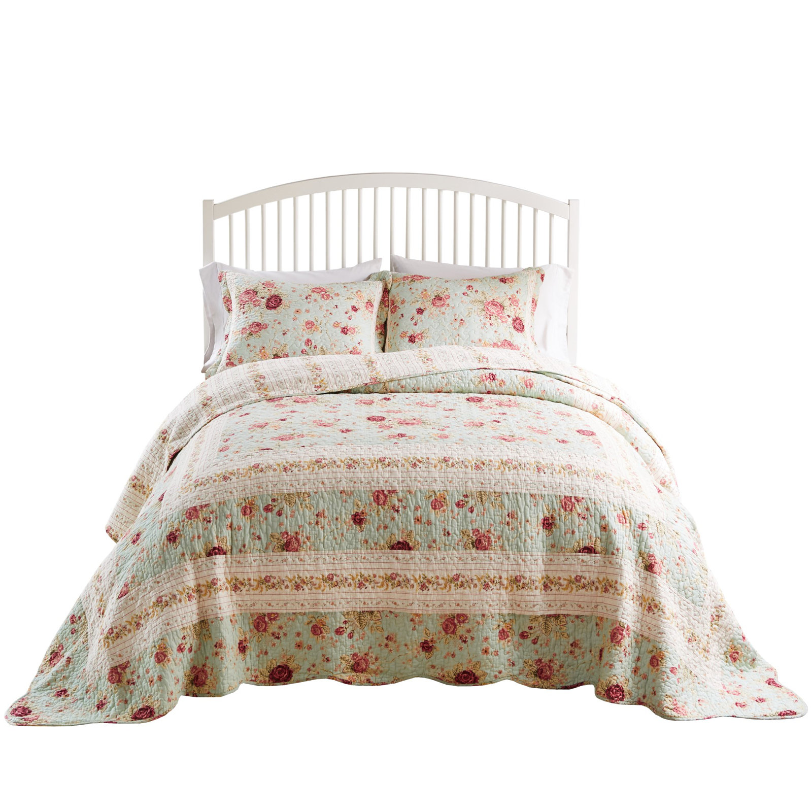 Antique Rose Cotton Quilt Set, Twin/Twin XL Quilt + 1 Sham, Blue