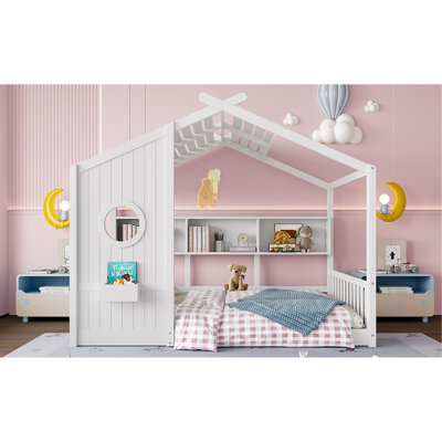 Lit sur pied pour enfant, lit Montessori pour enfants avec tablette de rangement, lit de jeu avec toit
