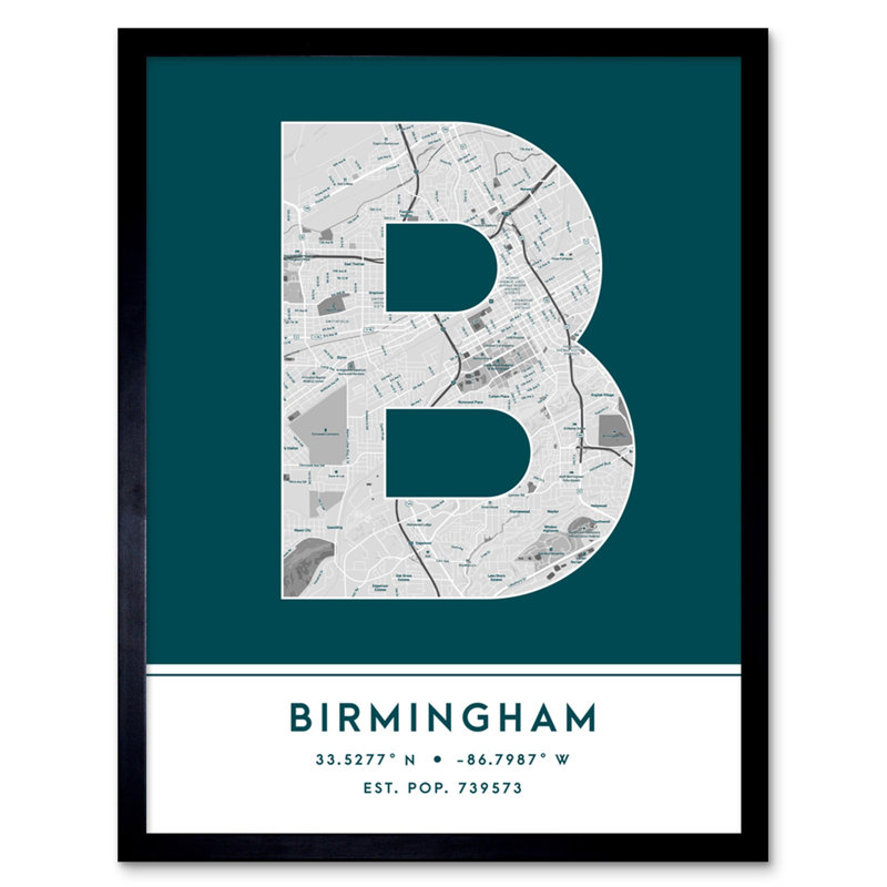 Birmingham Alabama United States City Map Teal 1 Piece Single Picture Frame Wall Art